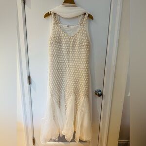 Miss Rosier Cream and White 3D Textured Midi Dress with Sheer Skirt and Scarf